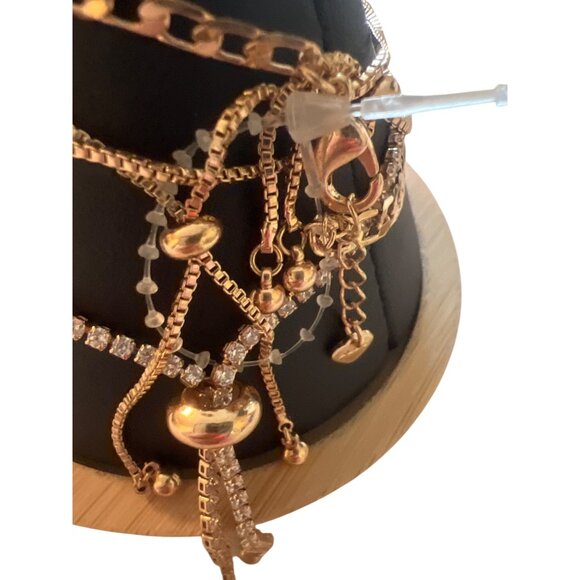 Aldo Set of 4 Gold Tone Bracelets Chain Hamsa Clear Rhinestones Slide Adj NWOT - Picture 3 of 4